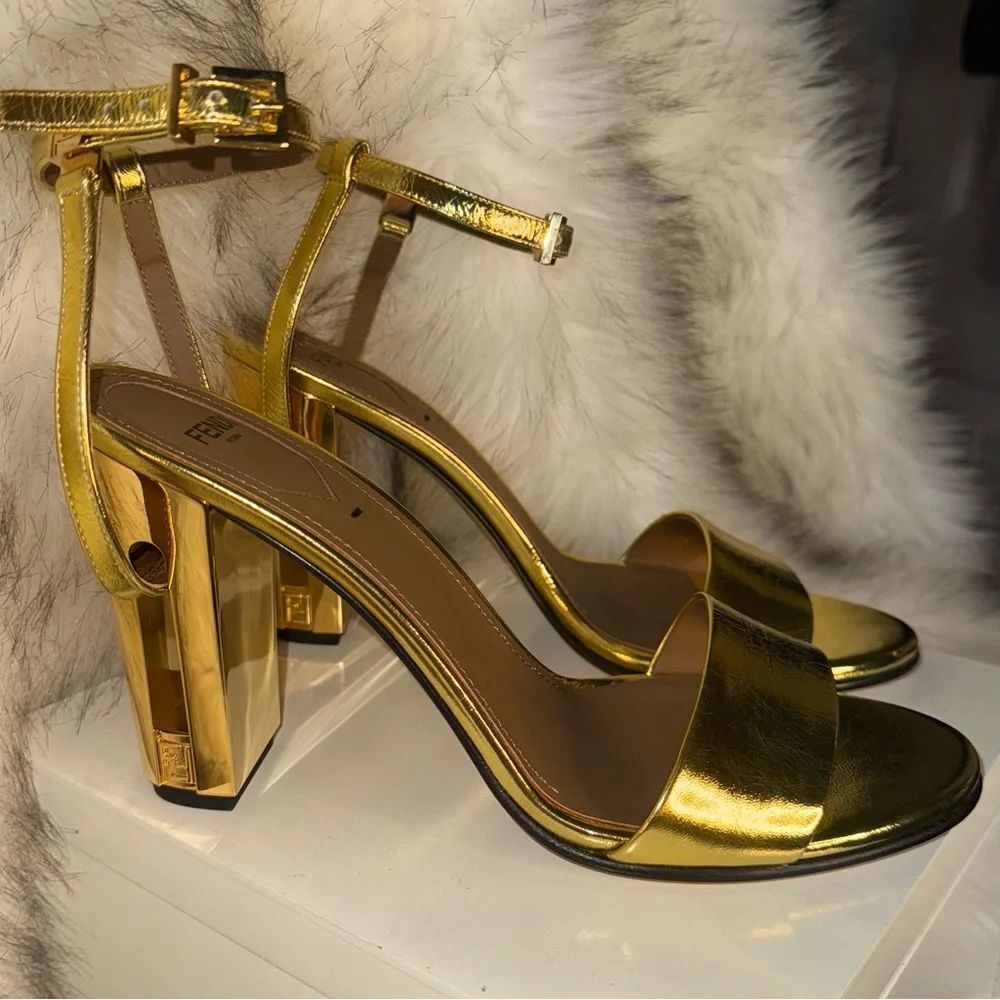 **NEW**  Fendi Gold Metallic Ankle-Strap Block Heel Sandals